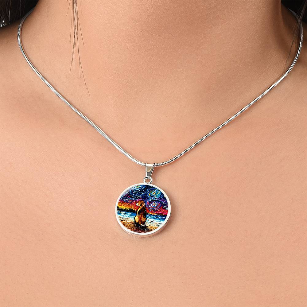 Beagle at the Beach Starry Night Round Necklace