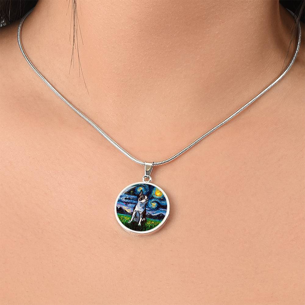 Boston Terrier Starry Night Round Necklace