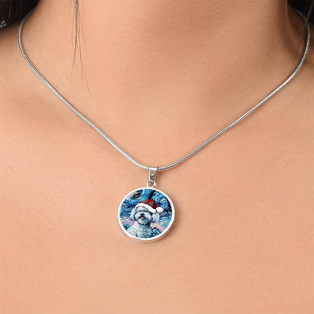 Bichon Frise In Santa Hat Starry Night Round Necklace