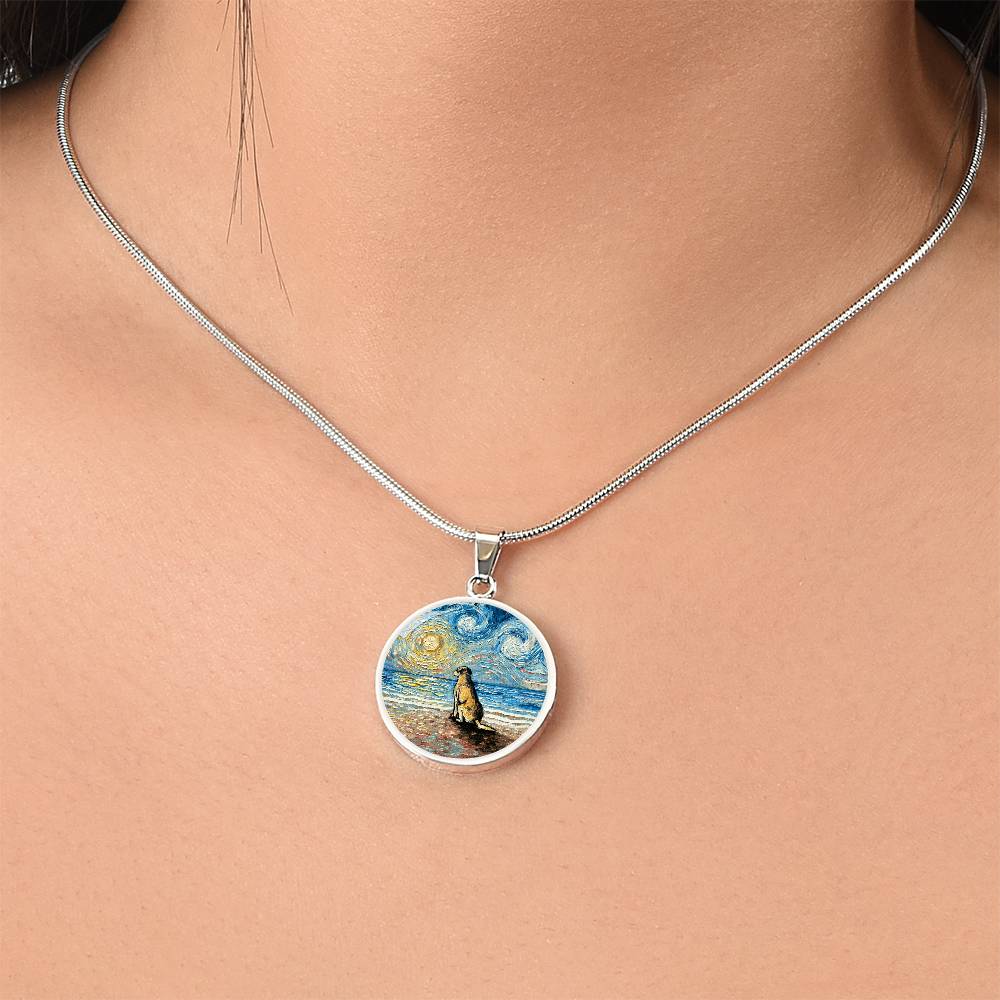 Yellow Labrador Starry Night Beach Round Necklace