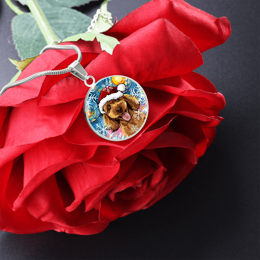 Apricot Poodle In Santa Hat Starry Night Round Necklace