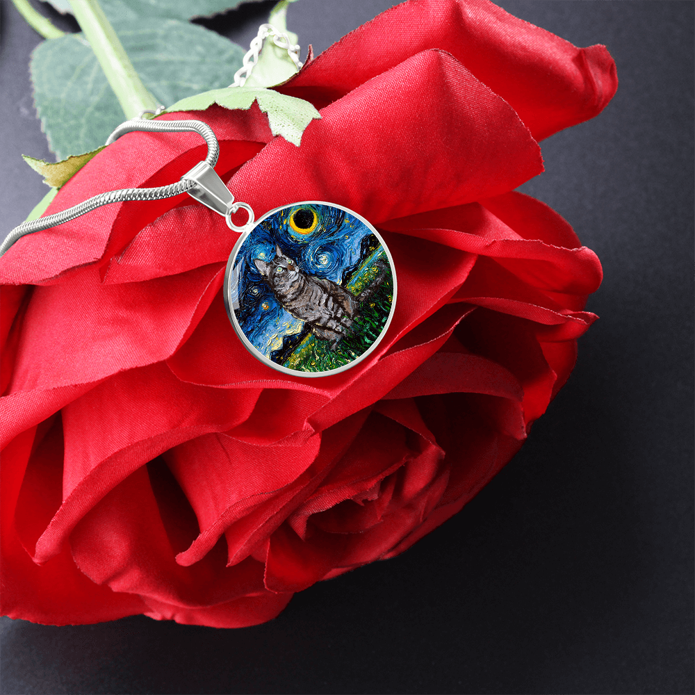 Tabby Cat Starry Night Round Necklace