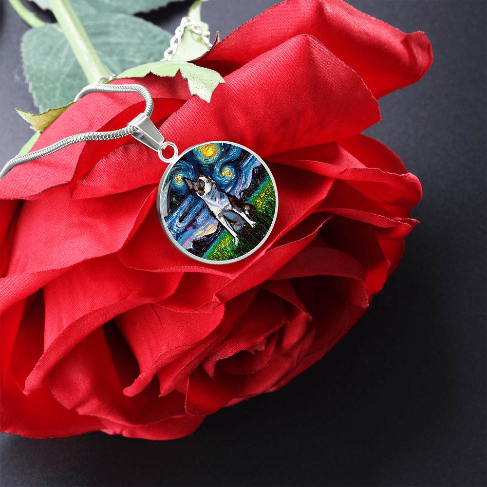 Boston Terrier Starry Night Round Necklace