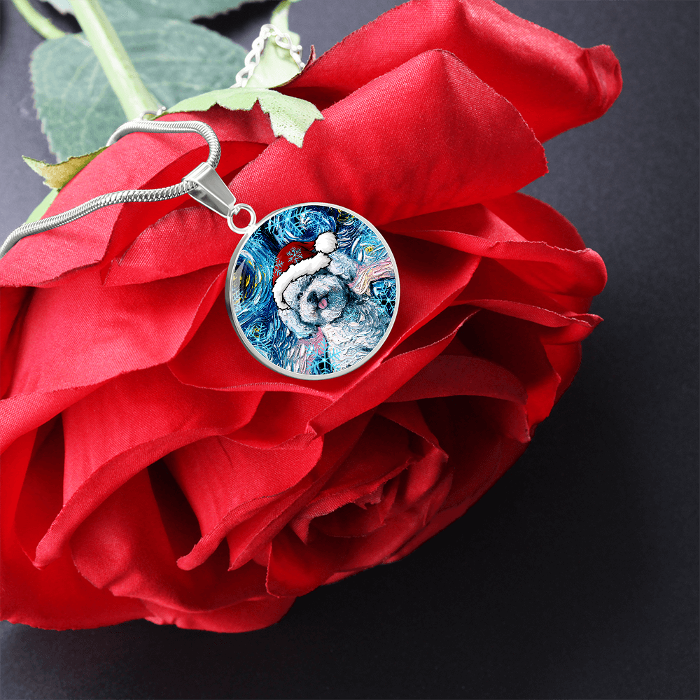 Bichon Frise In Santa Hat Starry Night Round Necklace