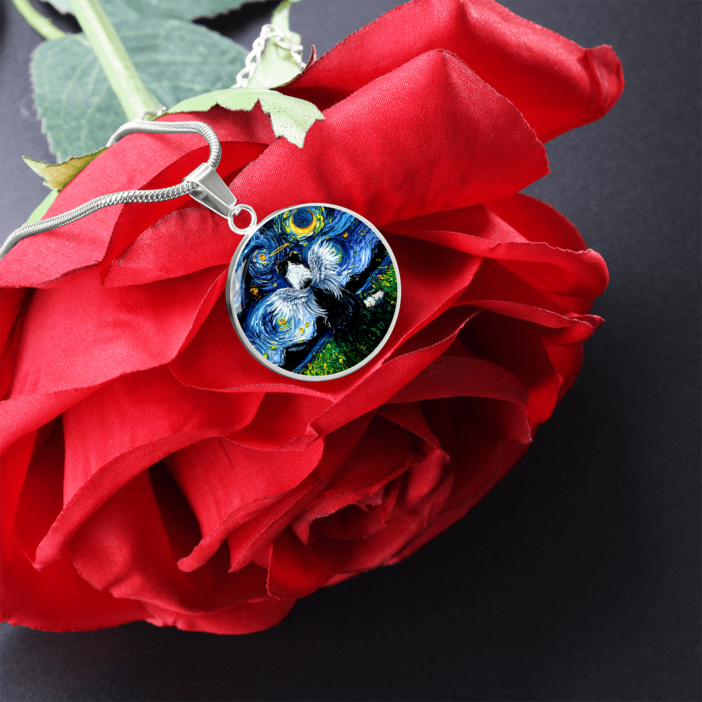 Angel Border Collie Starry Night Round Necklace