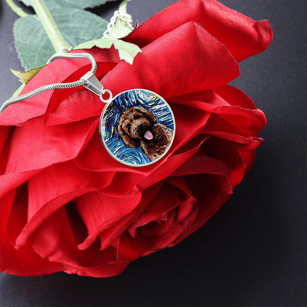 Chocolate Goldendoodle Starry Night Round Necklace