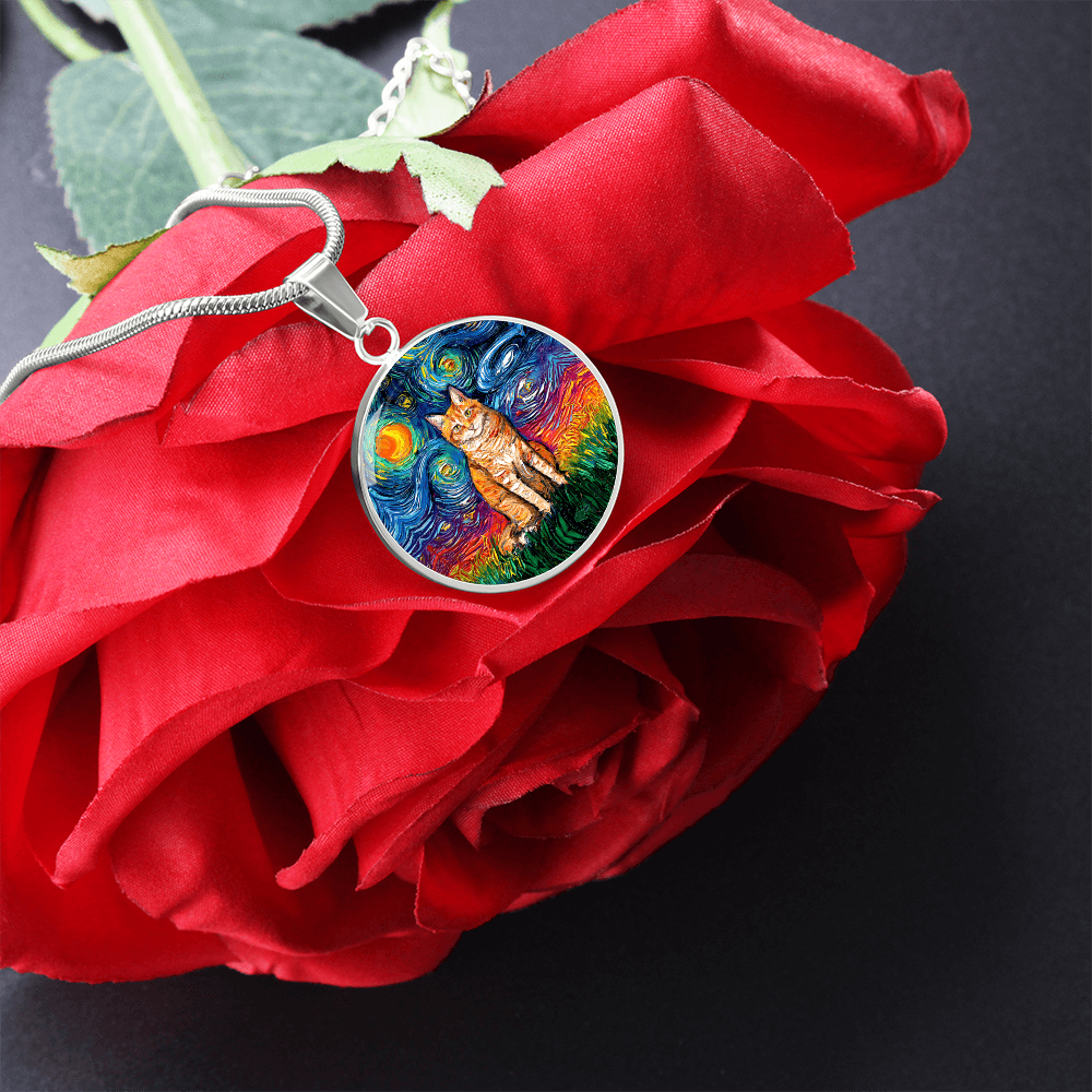 Seated Orange Tabby Cat Starry Night Heart Necklace