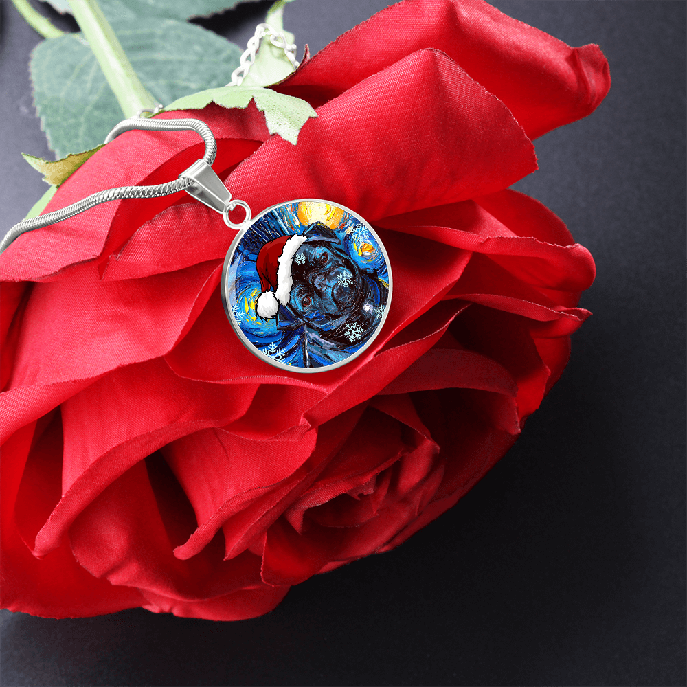 Santa Black Pug Starry Night Round Necklace