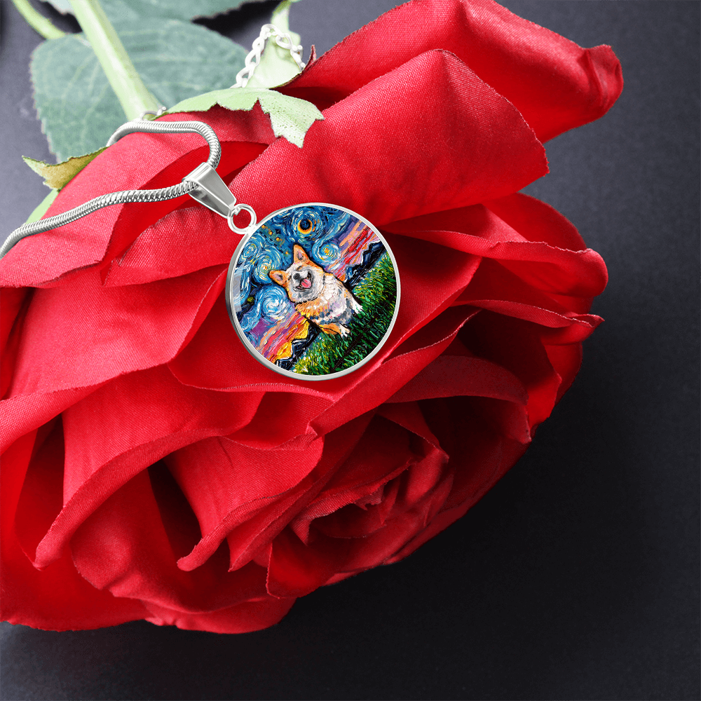 Smiling Corgi Starry Night Round Necklace