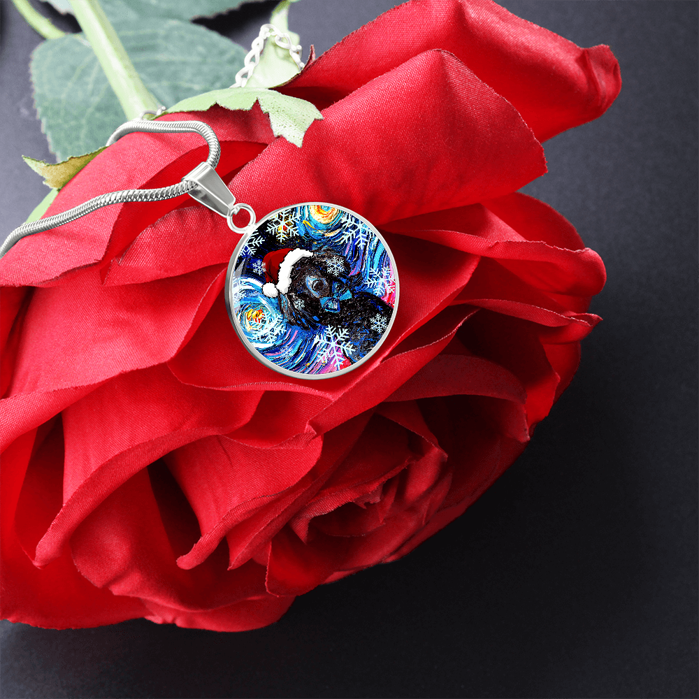 Santa Black Poodle Starry Night Round Necklace