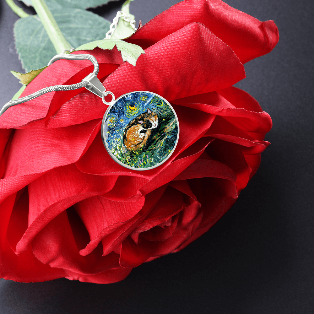Sleeping Calico Cat Starry Night Round Necklace