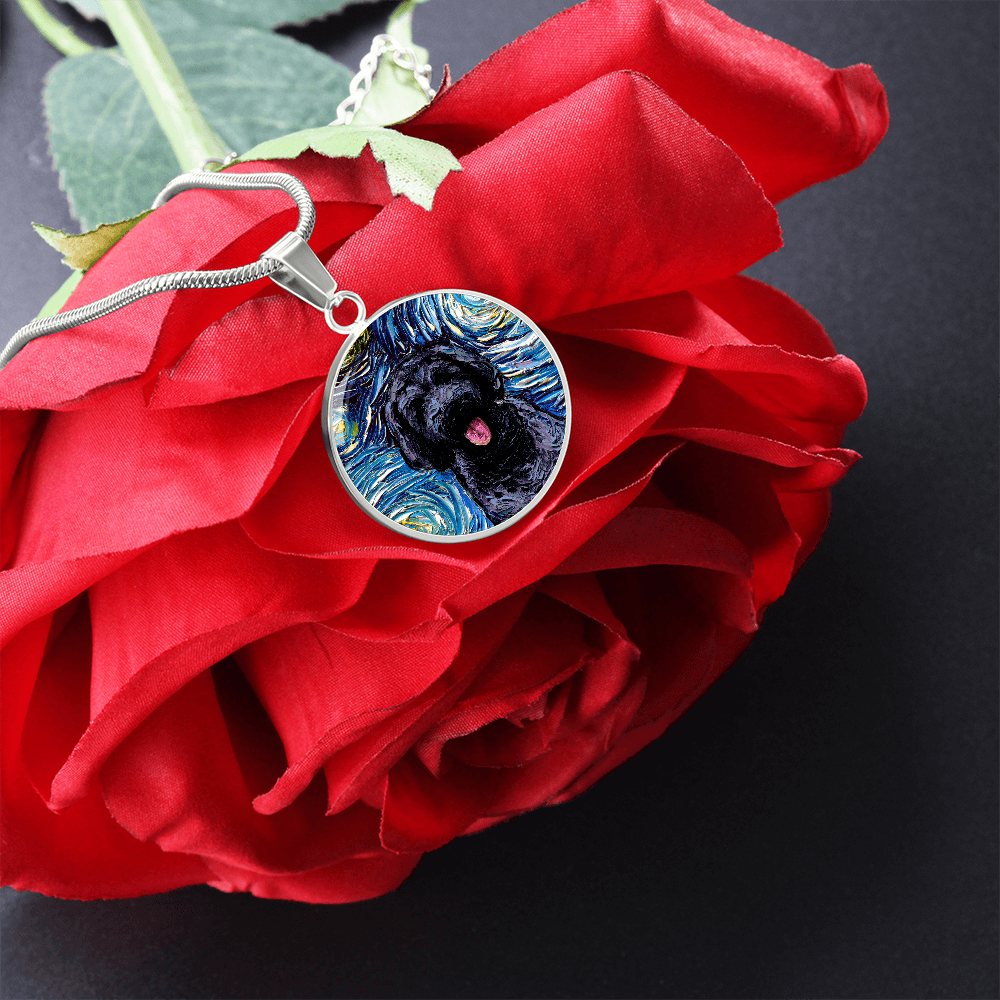 Black Goldendoodle Portrait Starry Night Round Necklace