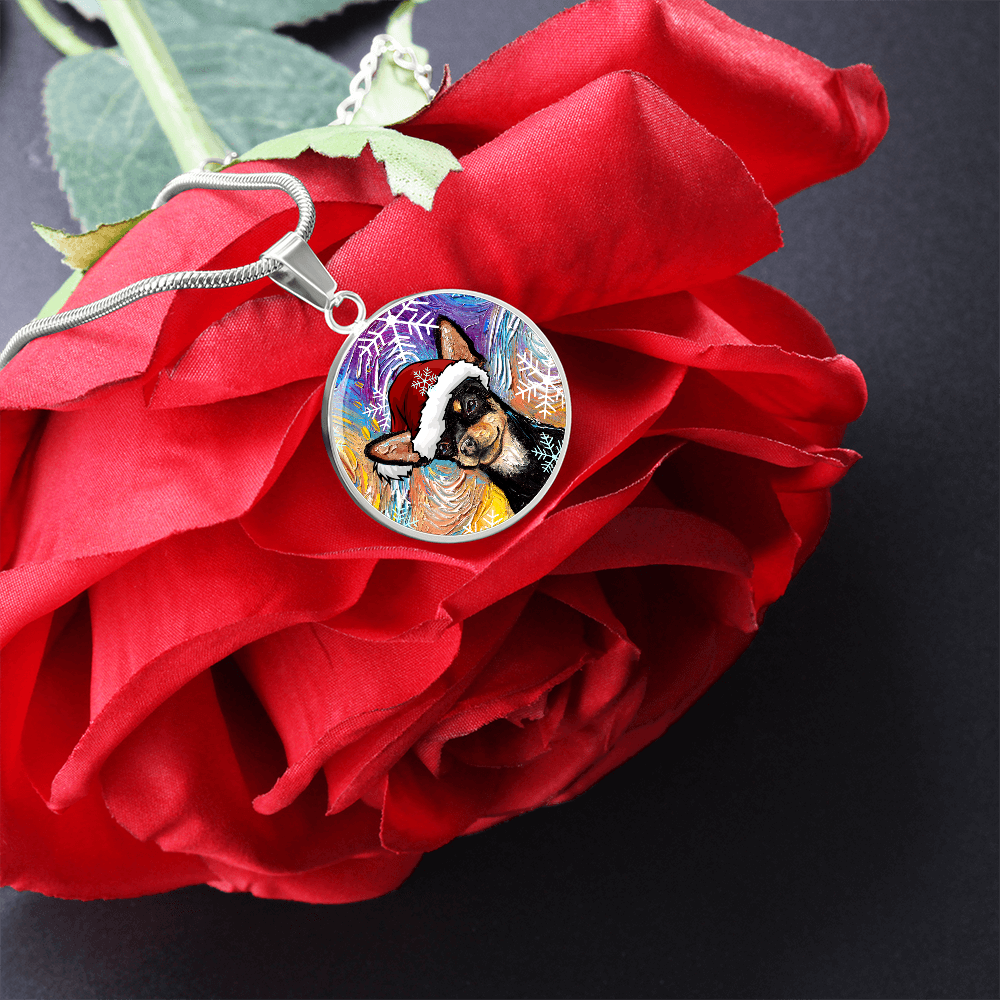 Black and Tan Chihuahua In Santa Hat Starry Night Round Necklace