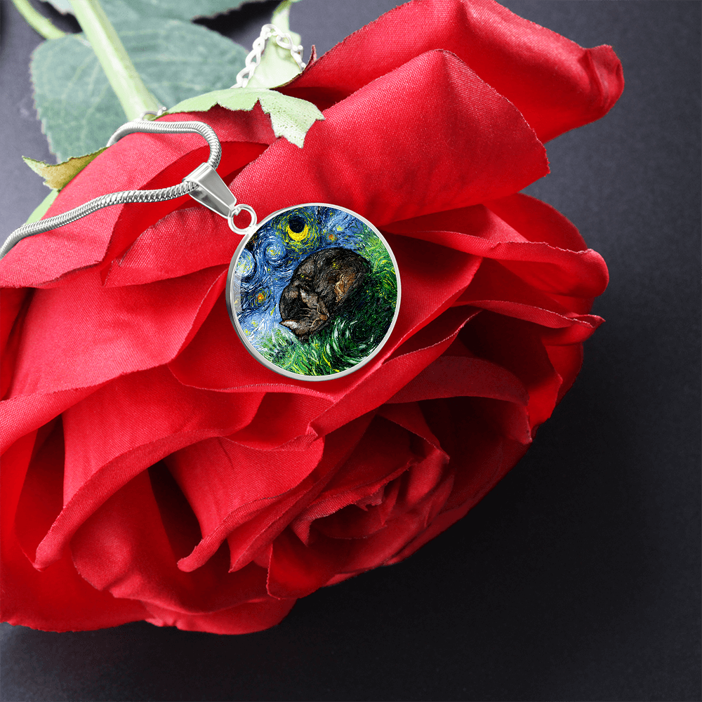 Sleeping Brown Tabby Starry Night Round Necklace