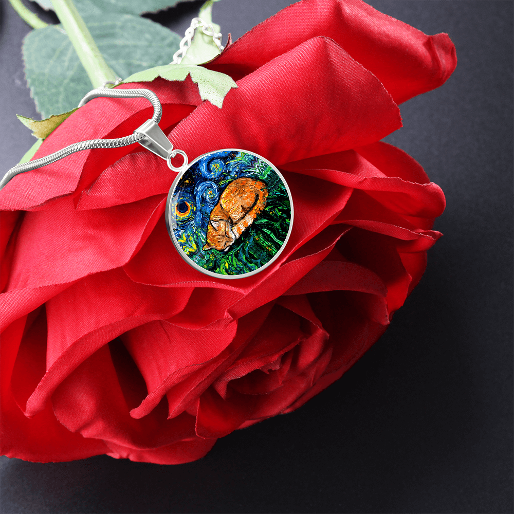 Sleeping Orange Tabby Cat Starry Night Round Necklace