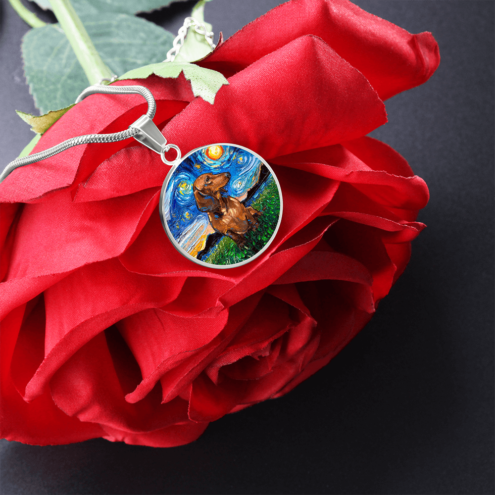 Brown Dachshund Starry Night Round Necklace