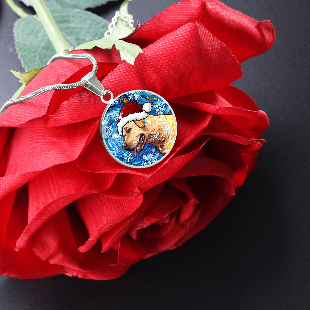 Yellow Labrador In Santa Hat Starry Night Round Necklace