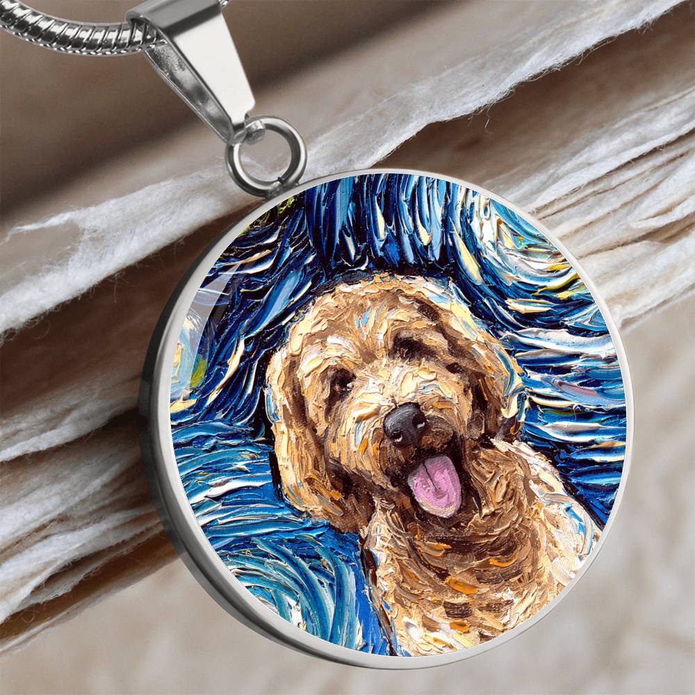Goldendoodle Portrait Starry Night Round Necklace