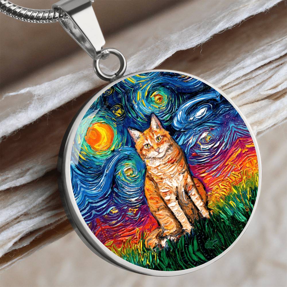 Seated Orange Tabby Cat Starry Night Heart Necklace
