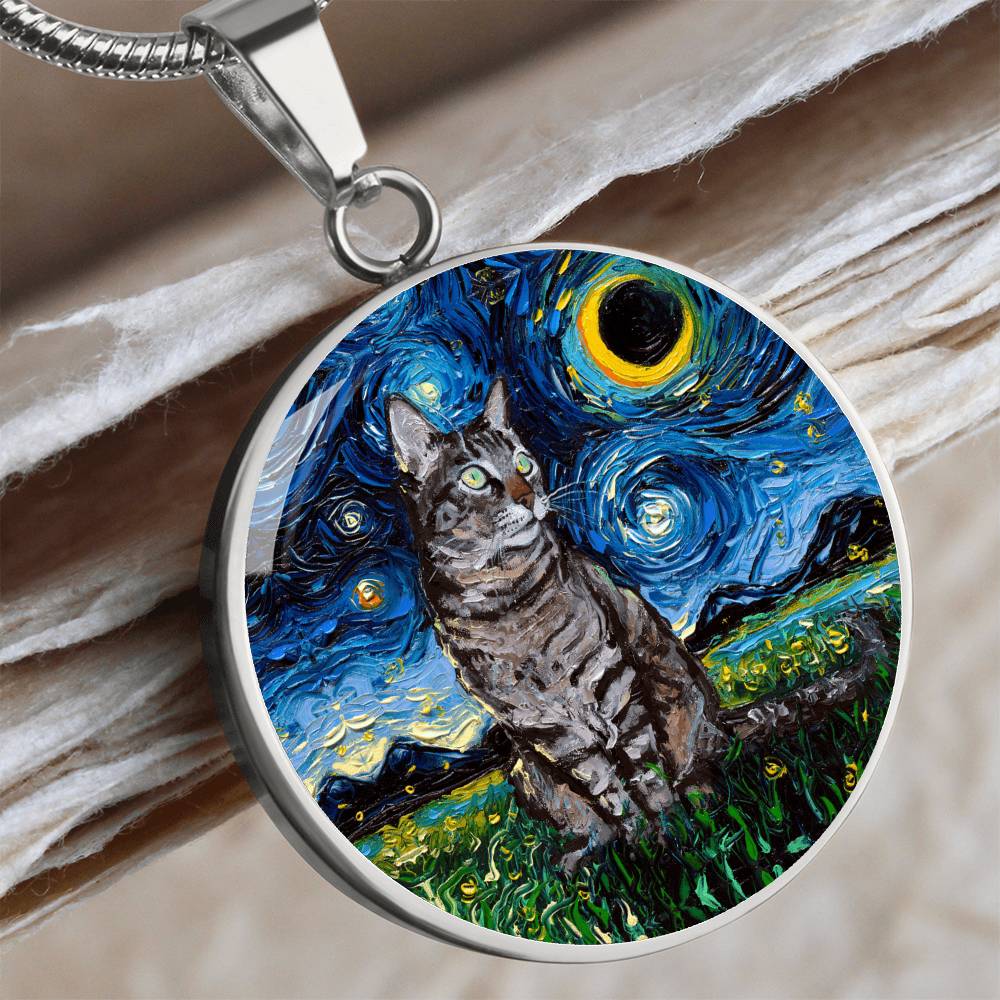 Tabby Cat Starry Night Round Necklace