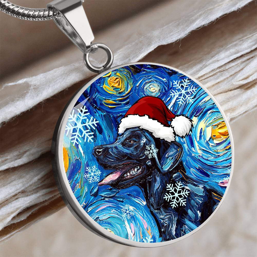 Santa Black Labrador Starry Night Round Necklace