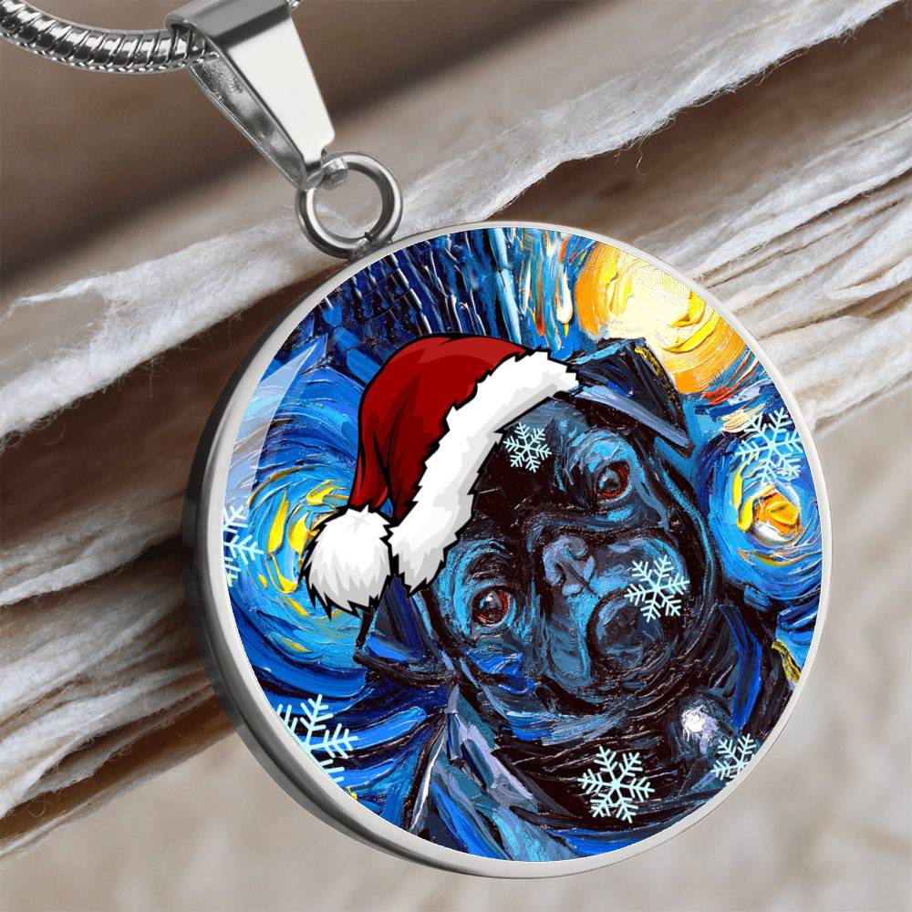 Santa Black Pug Starry Night Round Necklace