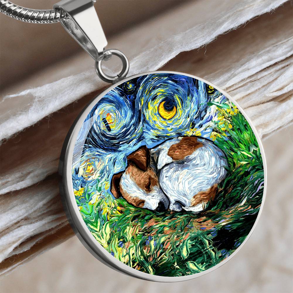 Sleeping Jack Russell Terrier Starry Night Round Necklace
