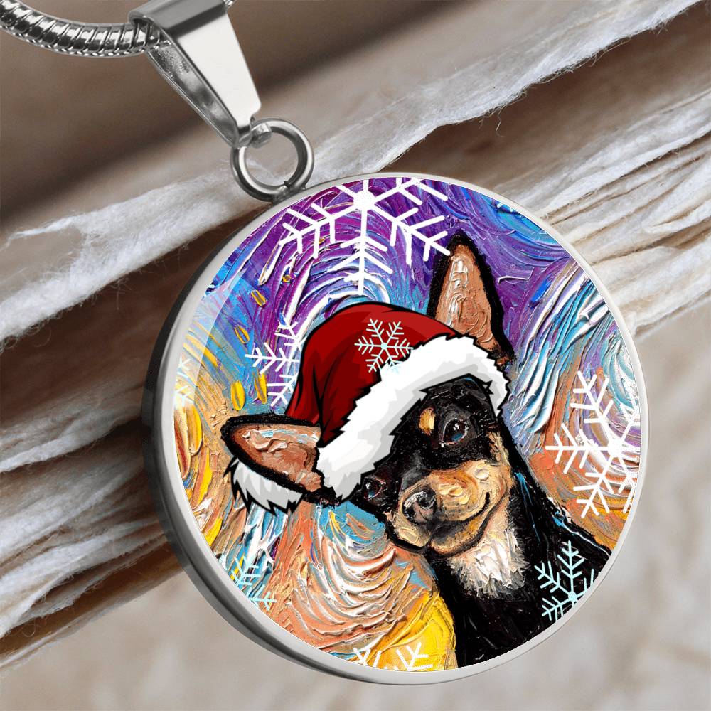 Black and Tan Chihuahua In Santa Hat Starry Night Round Necklace