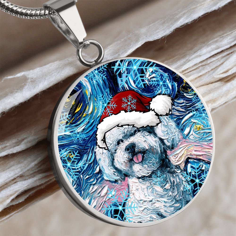 Bichon Frise In Santa Hat Starry Night Round Necklace