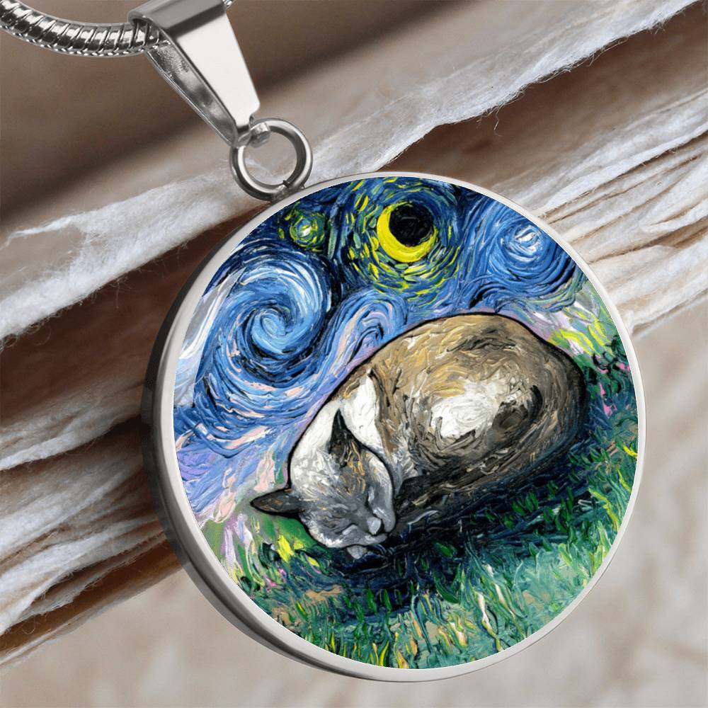 Sleeping Siamese Cat Starry Night Round Necklace