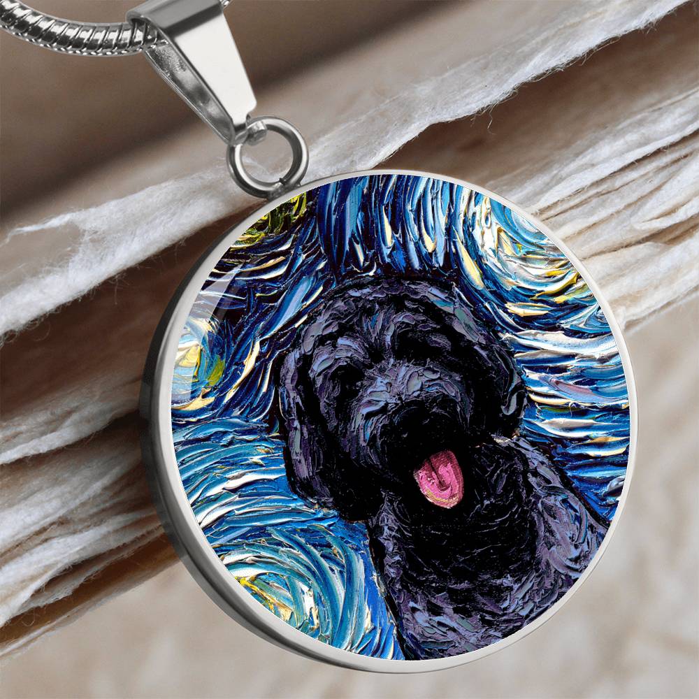 Black Goldendoodle Portrait Starry Night Round Necklace