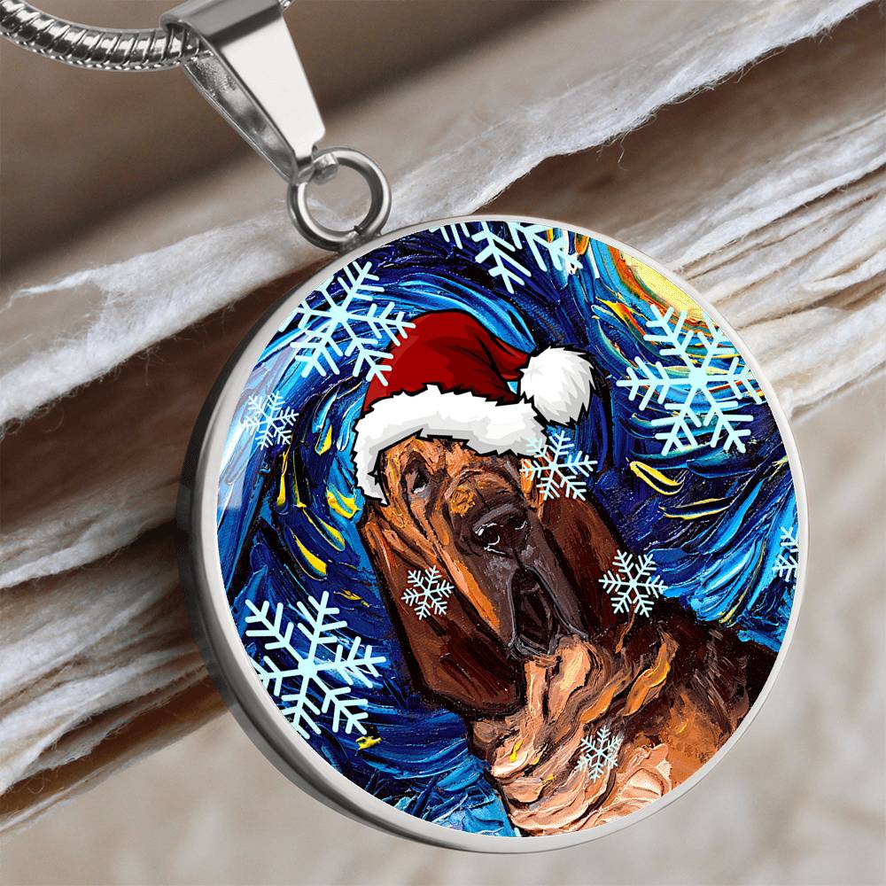 Bloodhound in Santa Hat Round Christmas Necklace