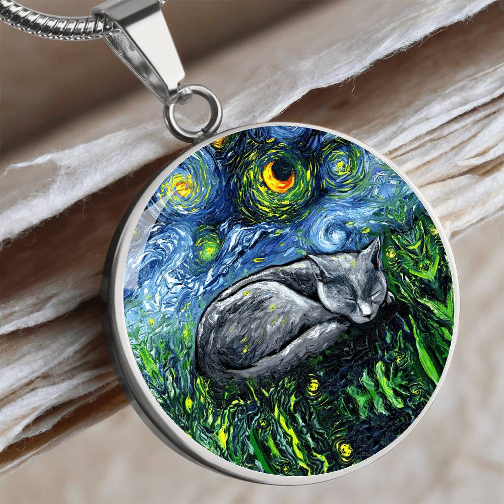 Sleeping Russian Blue Cat Starry Night Round Necklace