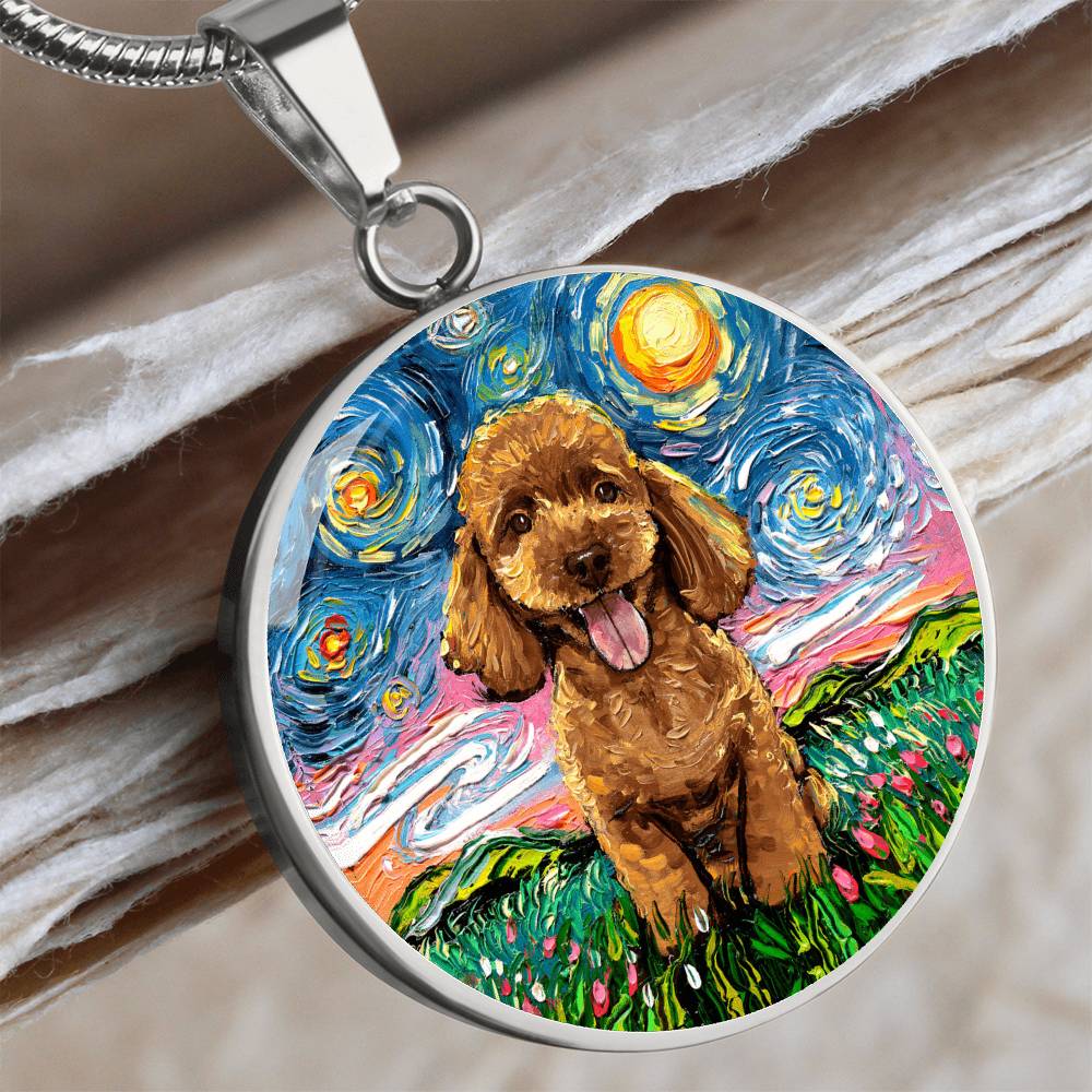 Apricot Poodle Puppy Starry Night Round Necklace