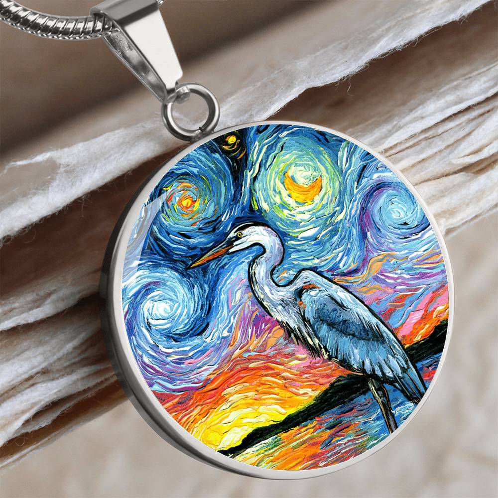 Blue Heron Starry Night Round Necklace