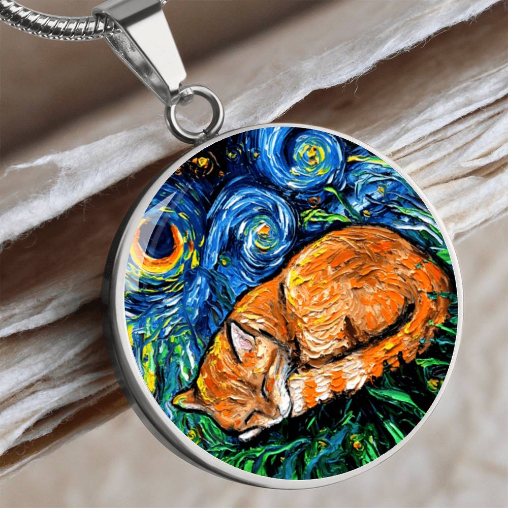 Sleeping Orange Tabby Cat Starry Night Round Necklace
