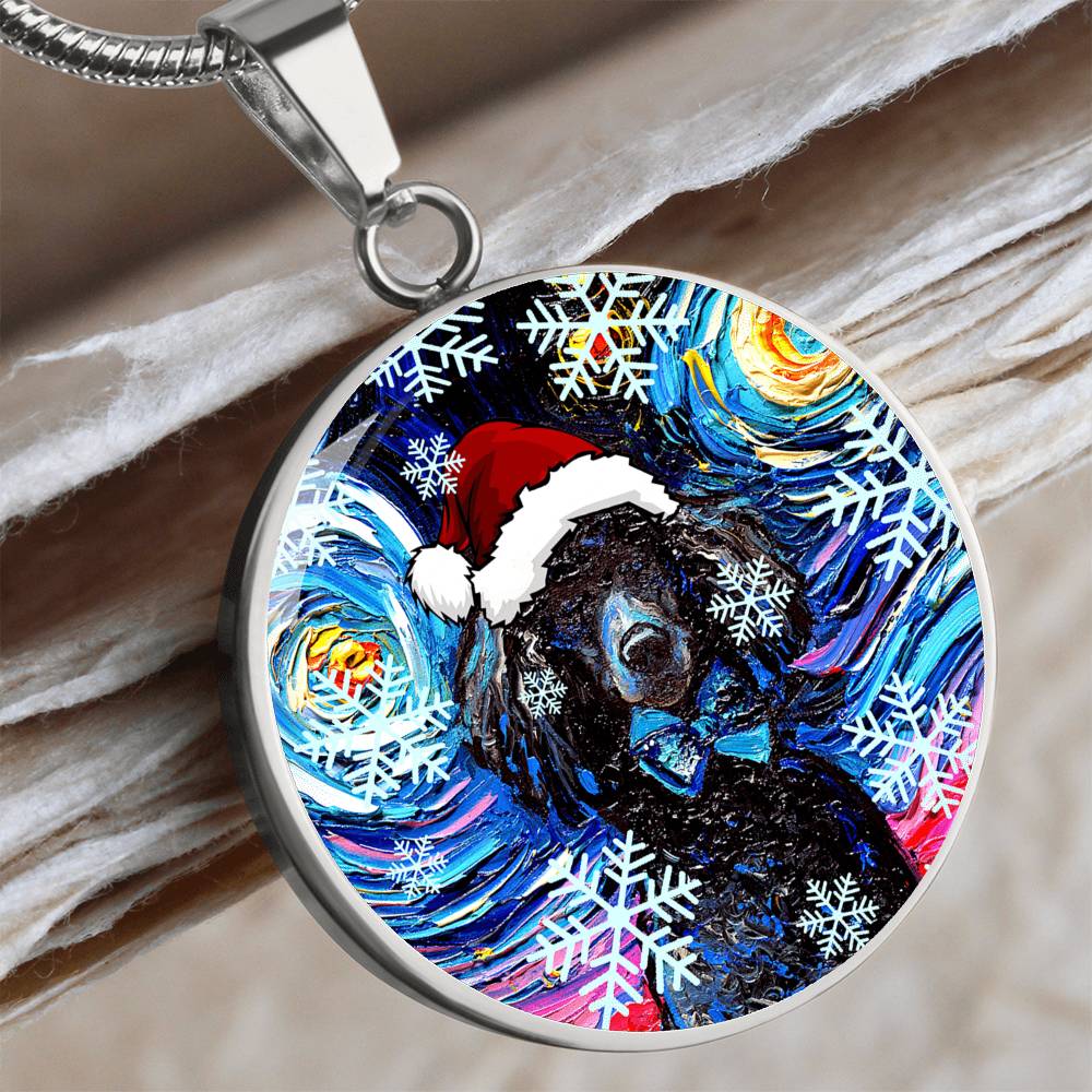 Santa Black Poodle Starry Night Round Necklace