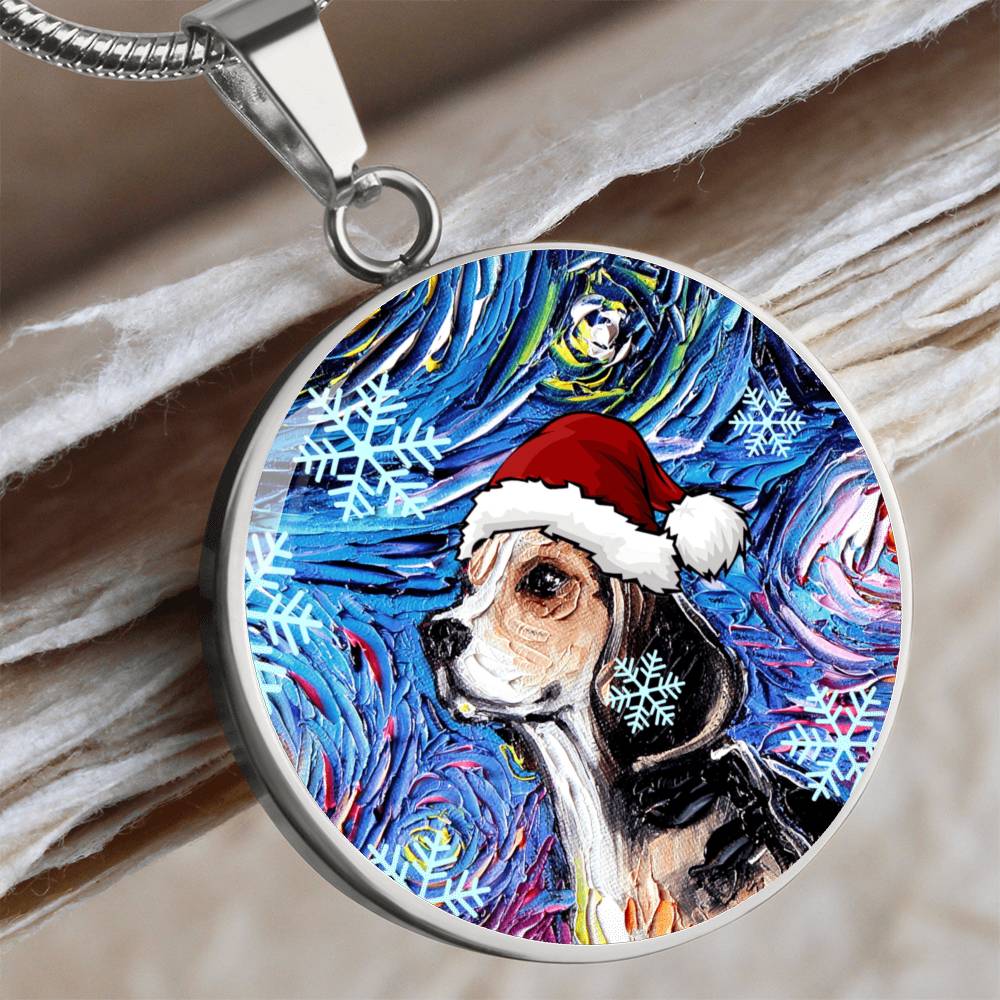 Beagle In Santa Hat Starry Night Round Necklace