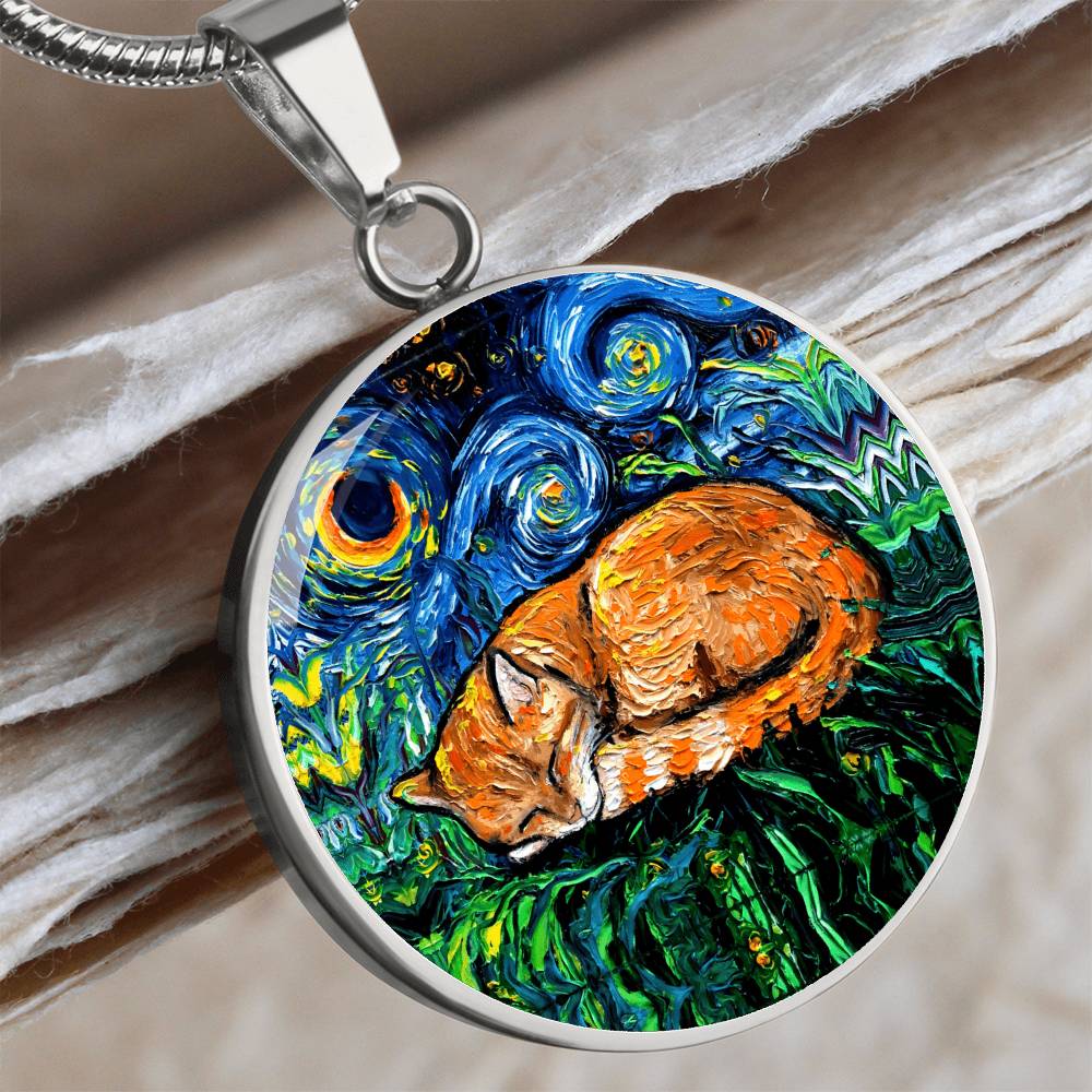 Sleeping Orange Tabby Cat Starry Night Round Necklace