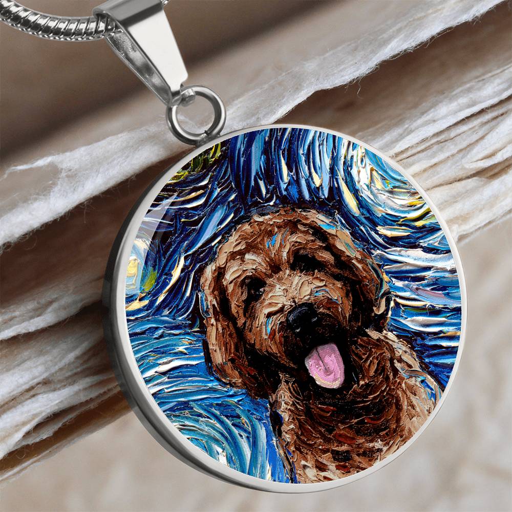 Chocolate Goldendoodle Starry Night Round Necklace
