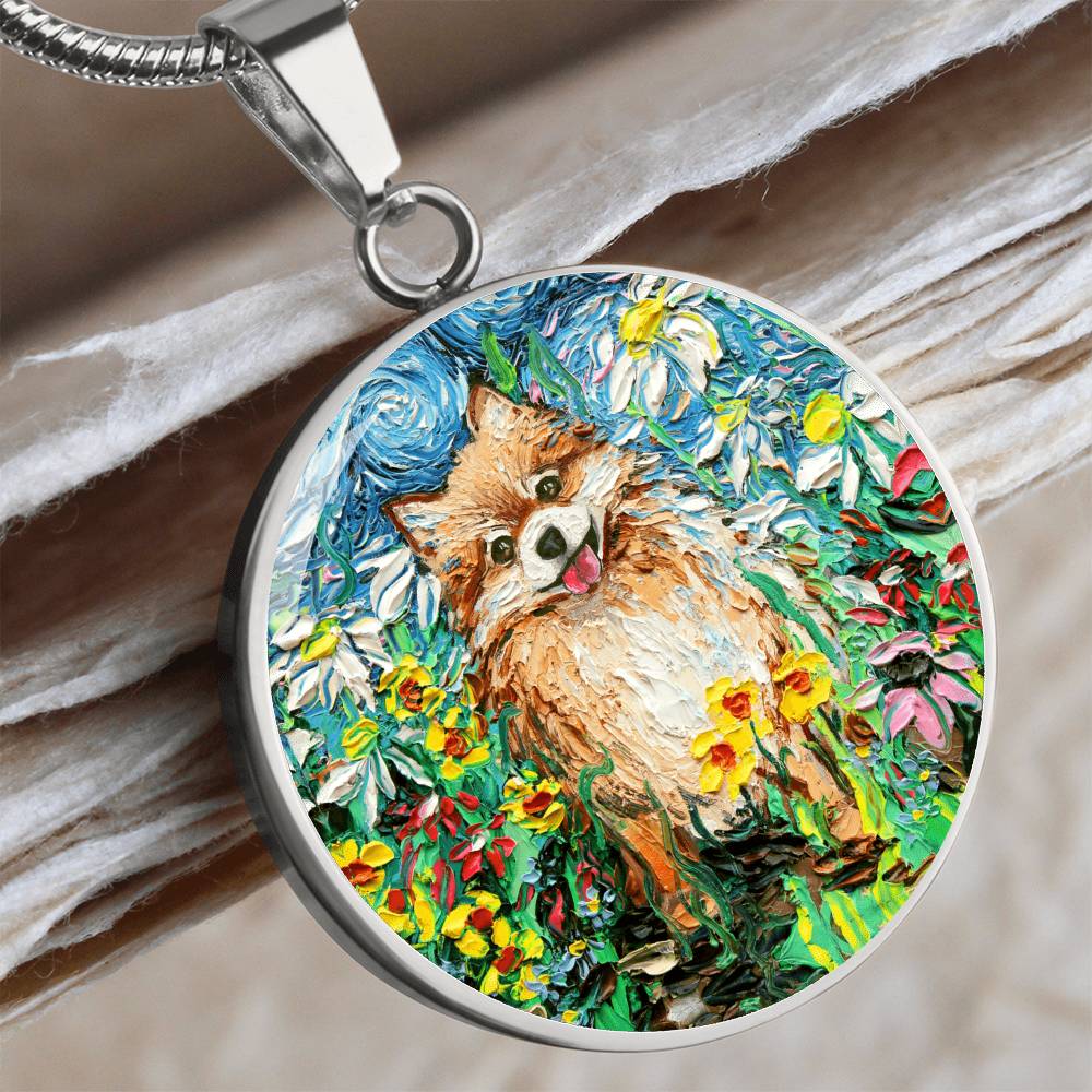 Happy Pomeranian Starry Night Round Necklace