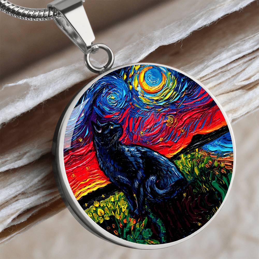 Black Cat 2 Starry Night Round Necklace