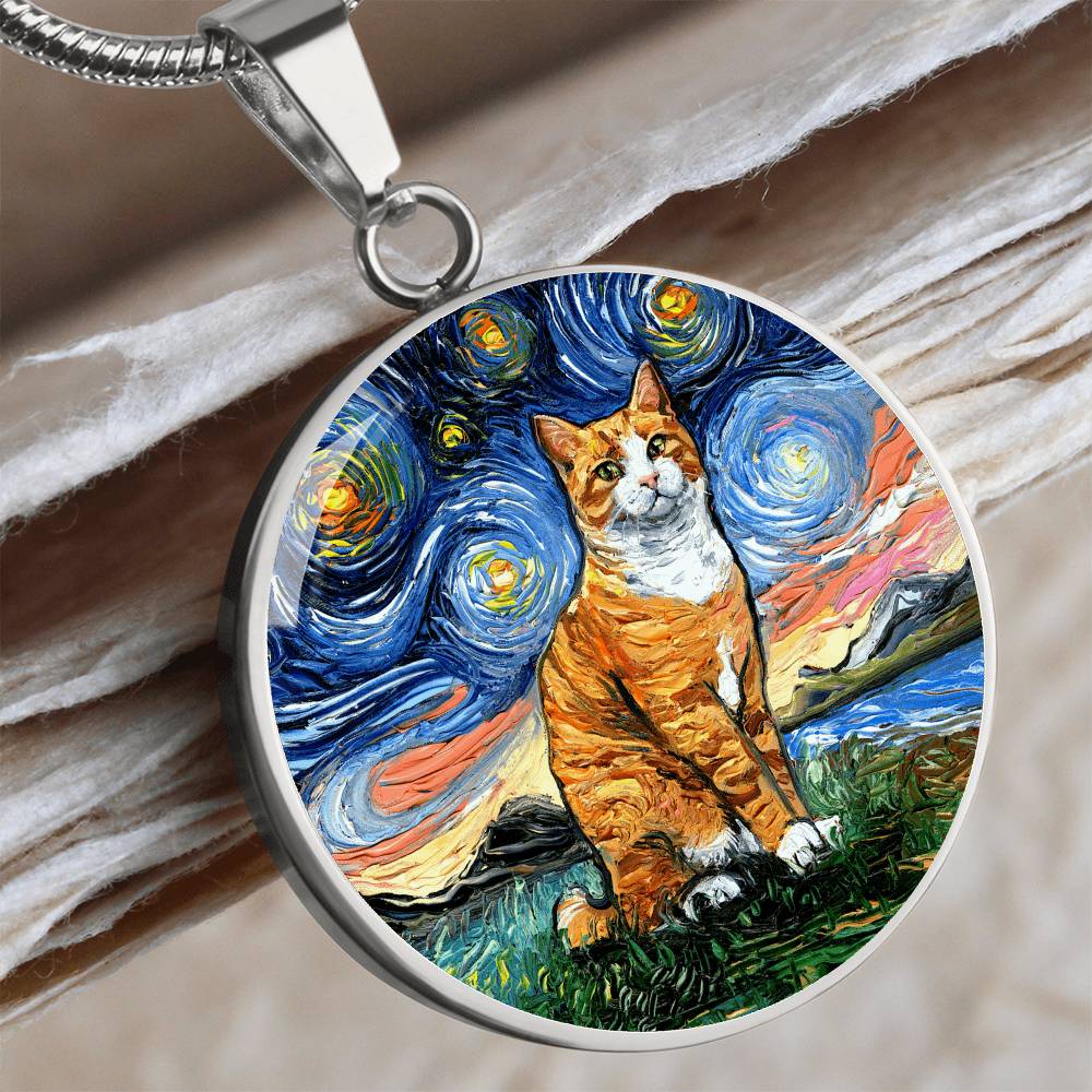 Orange Tuxedo Tabby Starry Night Round Pendant