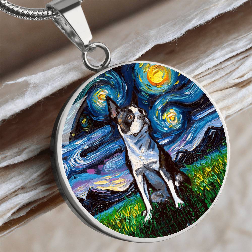 Boston Terrier Starry Night Round Necklace
