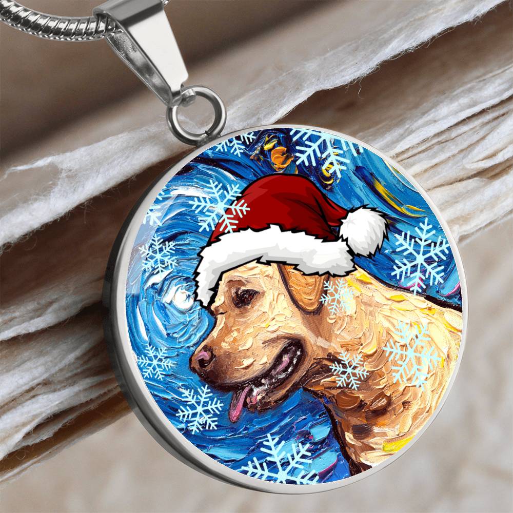 Yellow Labrador In Santa Hat Starry Night Round Necklace