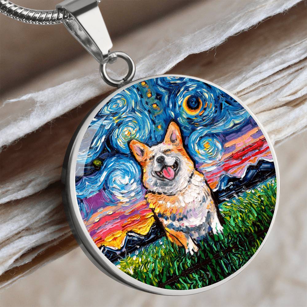 Smiling Corgi Starry Night Round Necklace