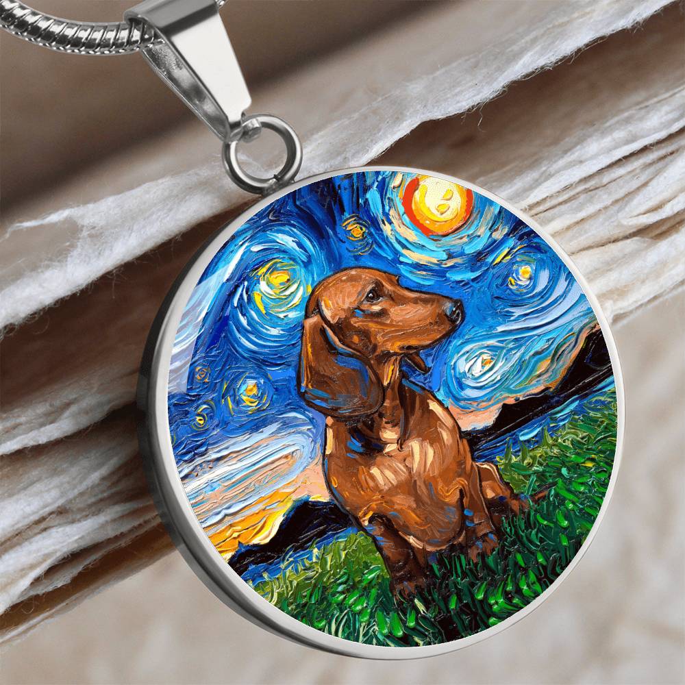 Brown Dachshund Starry Night Round Necklace