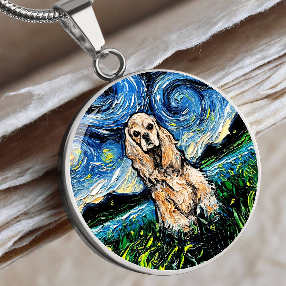 American Cocker Spaniel Starry Night Round Necklace