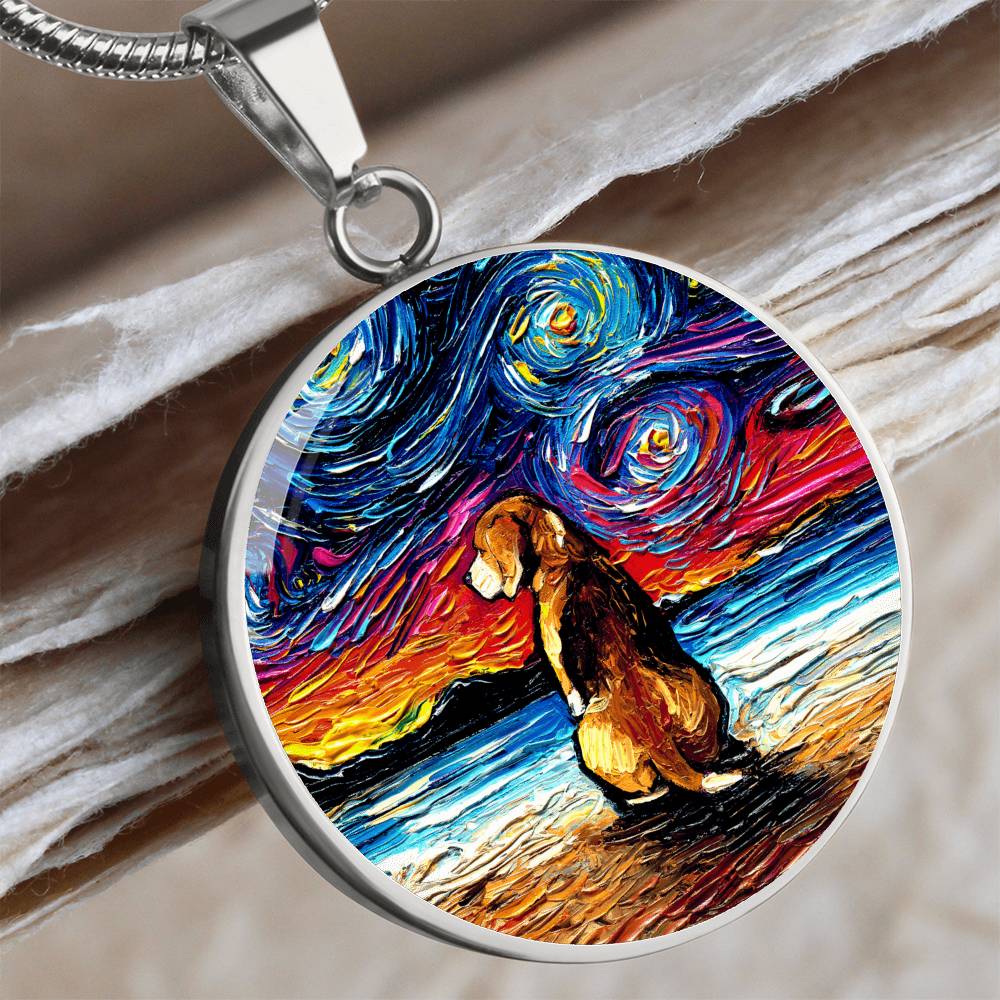 Beagle at the Beach Starry Night Round Necklace