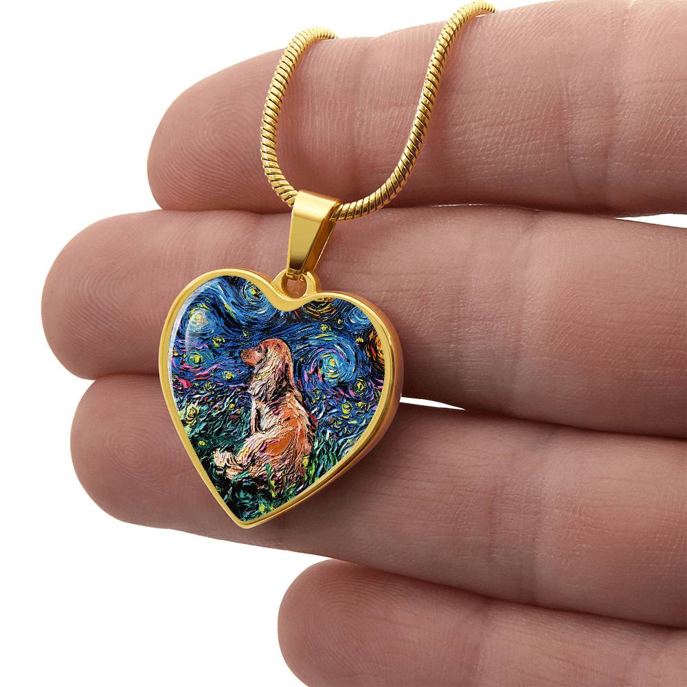 Brown Long Hair Dachshund Starry Night Heart Necklace